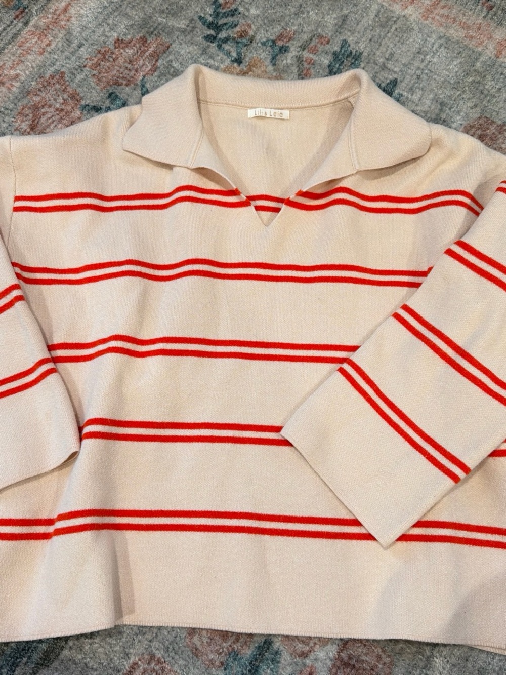 Cream Polo-Style Sweater with Red Stripes